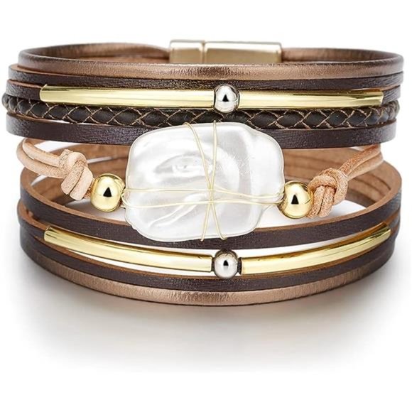 Bracelet for Women, Boho Leather Wrap Multi-Layer Pearl Crystal Bracelet Bangle - Picture 2 of 5